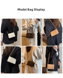 Three minimalist square bags in white, coffee and khaki shown on model with chain straps