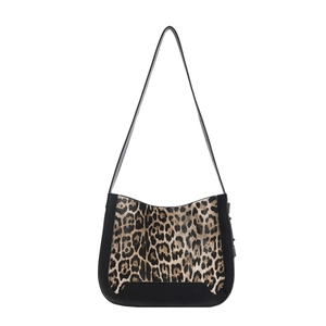 Leopard print faux suede hobo bag with black leather trim and shoulder strap for women