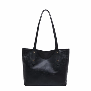 Borsa tote nera in pelle con motivo coccodrillo e dettagli in rivetti dorati