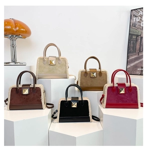 Kollektion von quadratischen Handtaschen mit Plüschbesatz und goldener Pyramiden-Schnalle