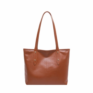 Deep brown large tote bag with crocodile pattern embossing and gold rivet accents