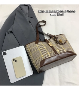 Top view of plaid wool tote bag showing size comparison with iPad and smartphone
