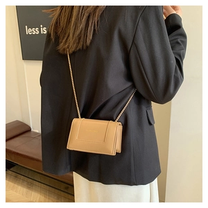 Close-up of minimalist beige square crossbody bag with gold chain and flap detail