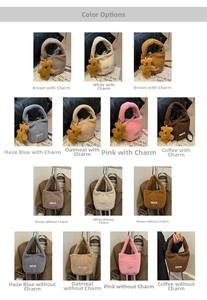 Detail view of plush faux fur tote bags in assorted colors with clearne label