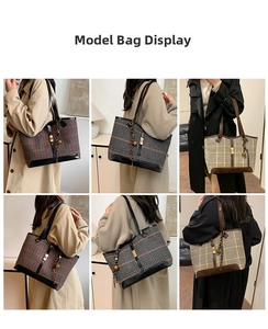 Collage of model wearing vintage plaid tote bag with leather trim and tassel detail