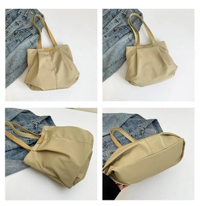 Detail views of khaki pleated tote bag in durable nylon with multi-angle perspectives
