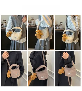 Detail shots of plush teddy fur handbags in cream and tan with cute bear charms