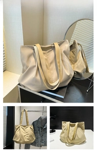 Detailed views of a khaki nylon tote bag with leather handles and Fashion patch detail