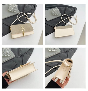 Multi-angle details of beige crossbody bag with glitter flap and golden S-shaped buckle