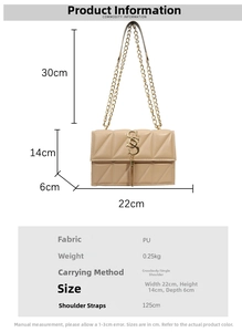 Detailed spec sheet for a beige quilted crossbody bag with gold chain and dimensions