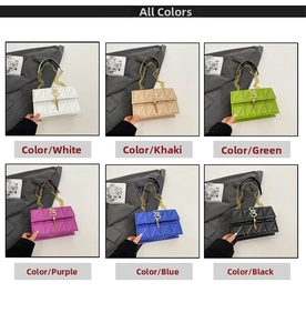 Detail view of small square crossbody bags in six vibrant colors with quilted texture