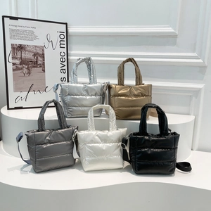 Metallic Quilted Puffer Tote Bag Lightweight Shiny Waterproof Shoulder Crossbody Handbag Winter Fashion Women