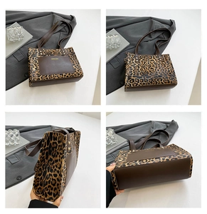 Detailed views of leopard print tote bag with brown leather handles and side stitching