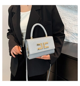 Détail du sac à rabat gris avec texture argentée et boucle en métal doré en forme d'E