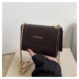 Close-up of a chocolate brown mini square bag with gold chain and embossed text