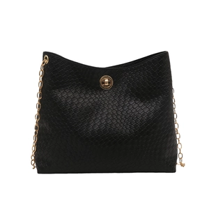 Vintage black woven bucket bag with golden chain and round twist lock for women