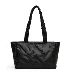 Quilted black down tote bag with ruffled shoulder straps and large capacity