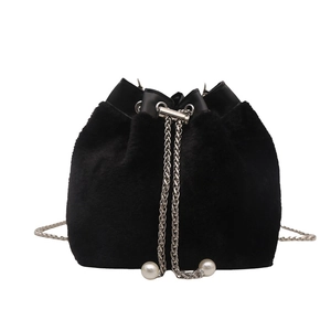 Fashionable black faux fur bucket bag with silver chain drawstring and pearl accents