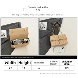 Detailed size chart and capacity guide for beige quilted chain crossbody bag