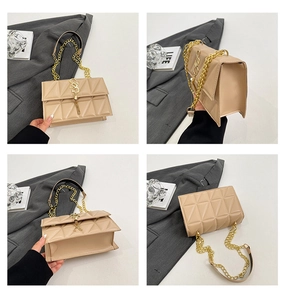 Detail shots of beige quilted crossbody bag with gold chain and S-shaped logo charm