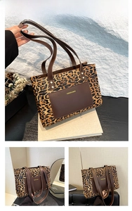 Detail of coffee brown leopard print tote bag with leather pocket and fashion branding