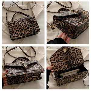 Detailed views of leopard print crossbody bag with gold hardware and interior capacity