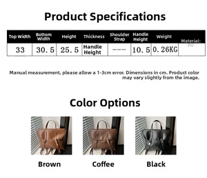 Size chart showing PU leather shoulder bag dimensions with color options and weight info