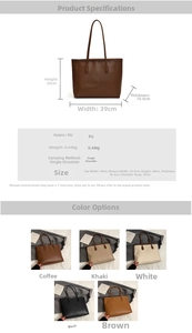 Detailed size chart for minimalist PU leather tote bag with dimensions and color options