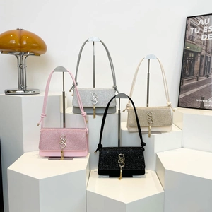 Chic Women Glitter Sequin PU Leather Shoulder Bag Metal Tassel Logo Square Underarm Crossbody Bag For Evening Party Daily
