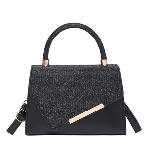 Fashionable black crossbody handbag with silver glitter flap and gold hardware accents