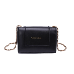 Minimalist black square crossbody bag with gold chain strap and fashion lettering
