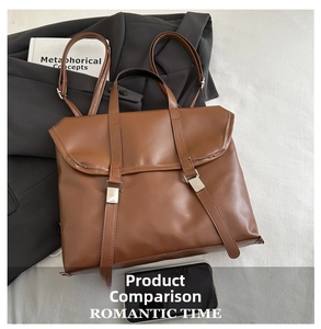 Brown retro PU leather convertible bag with dual straps and square metal buckle