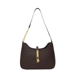 Dark brown leather hobo bag with gold vertical lock and chain strap on white background