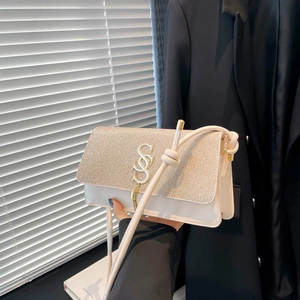 Chic off-white leather crossbody bag with sparkling glitter flap and gold S-buckle