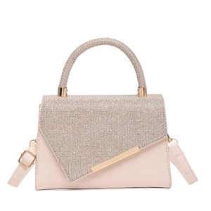 Pink glitter small square handbag with golden trim and top handle for women