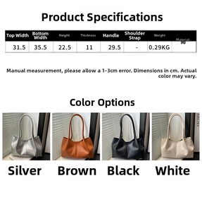 Size chart and dimensions for the large PU tote bag showing four color variants
