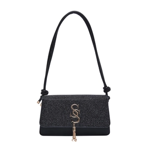 Fashionable black glitter crossbody bag for women with gold logo and tassel