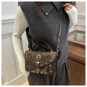 Detail of vintage leopard print crossbody bag with gold metal buckle and hand strap