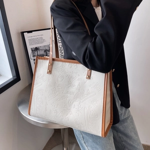 Large Capacity Tote Bag PU Leather Embossed Graffiti Contrast Color Women Shoulder Handbag Fashion Streetwear