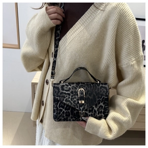 Close-up of leopard print crossbody bag with gold horseshoe buckle and top handle