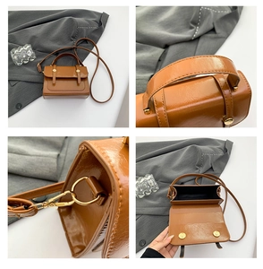 Detailed views of caramel glossy leather satchel showing handle, strap and interior