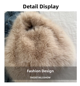Close-up of the plush faux fur texture and soft beige fabric of the winter handbag