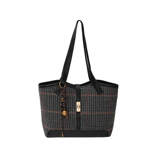 Retro houndstooth tote bag with leather straps and gold clasp for women