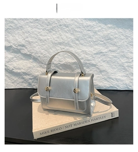 Detail view of silver crossbody bag on art book featuring golden hardware and leather texture