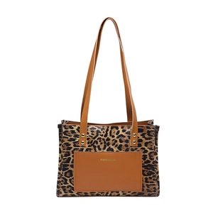 Leopard print tote bag for women featuring a brown front pocket and metal rivets