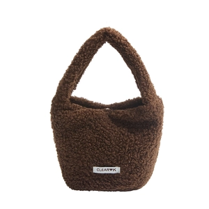 Winter fluffy brown plush faux fur handbag with stylish Clear K label detail