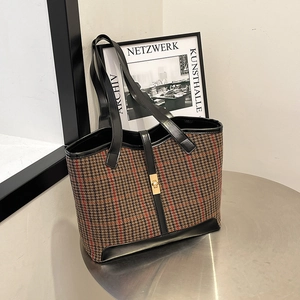 Large houndstooth wool tote bag with leather trim and gold metal turn-lock closure