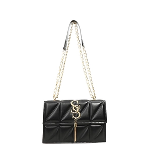 Fashionable black quilted shoulder bag with golden chain strap and tassel detail