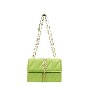 Modern neon green quilted crossbody bag with gold S-shaped logo and elegant chain strap