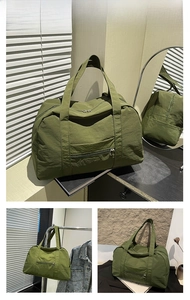 Detailed views of a large green nylon tote bag with dual zippers and spacious interior